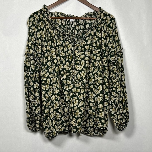 Old Navy Ruffled Tie Neck Green Floral Poet Blouse - Picture 1 of 11